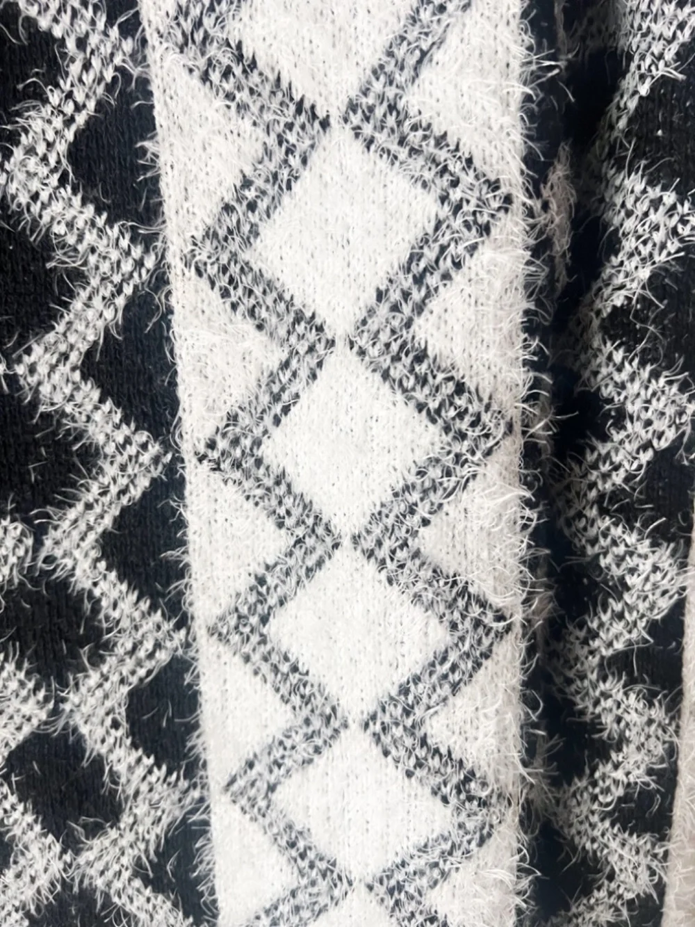 Wear to Love Fuzzy Hooded Cardigan XL Black White Geometric Boho Cozy Duster
